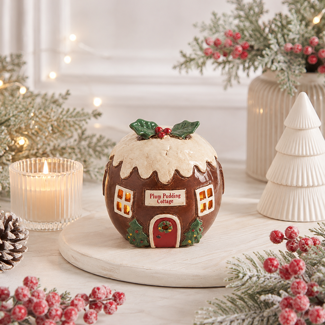 Village Pottery Plum Pudding Cottage Tealight