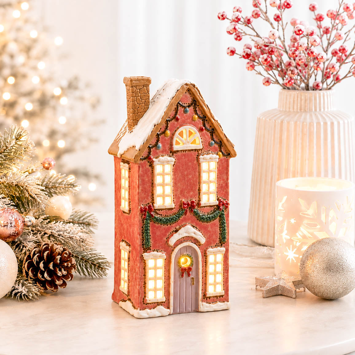 Pink Festive Garland Tealight House