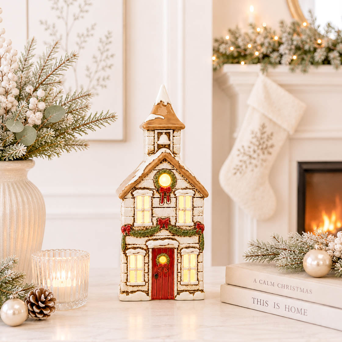 Cream Bell Tower Festive Tealight House