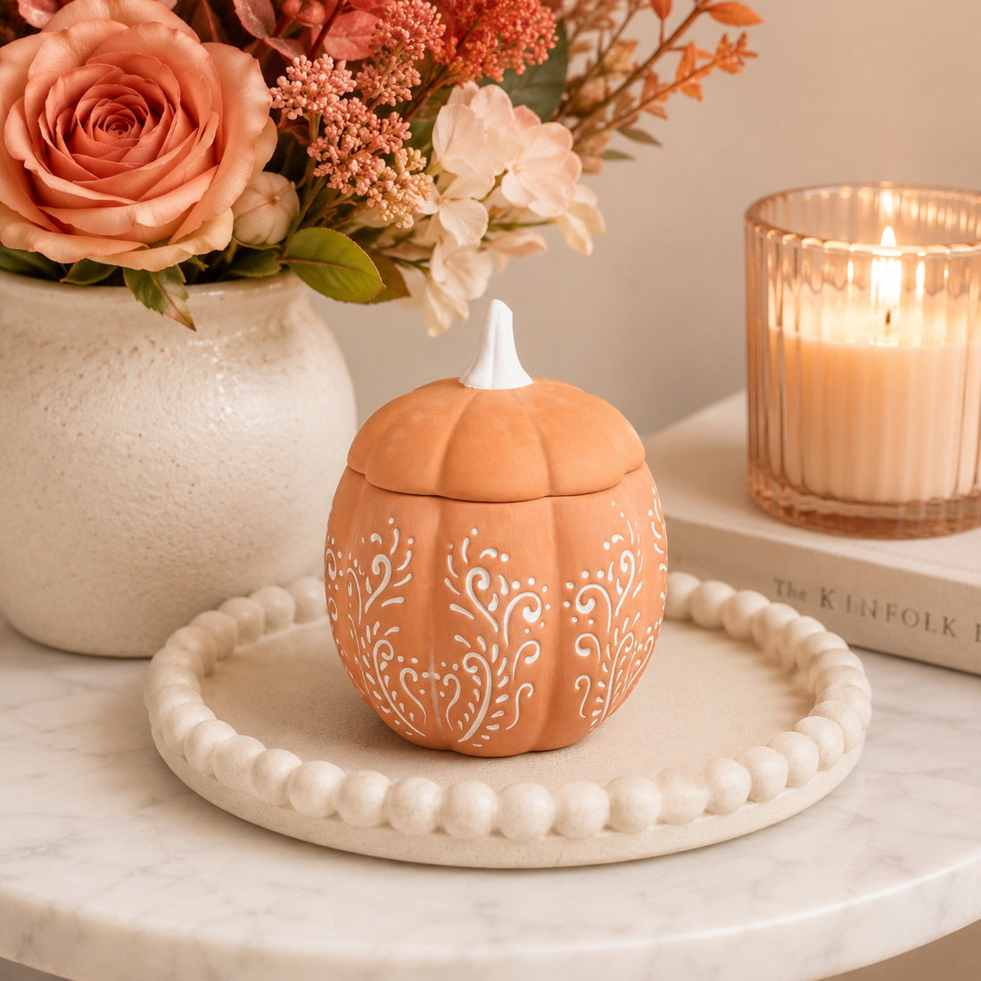 Floral Pumpkin Ceramic Candle