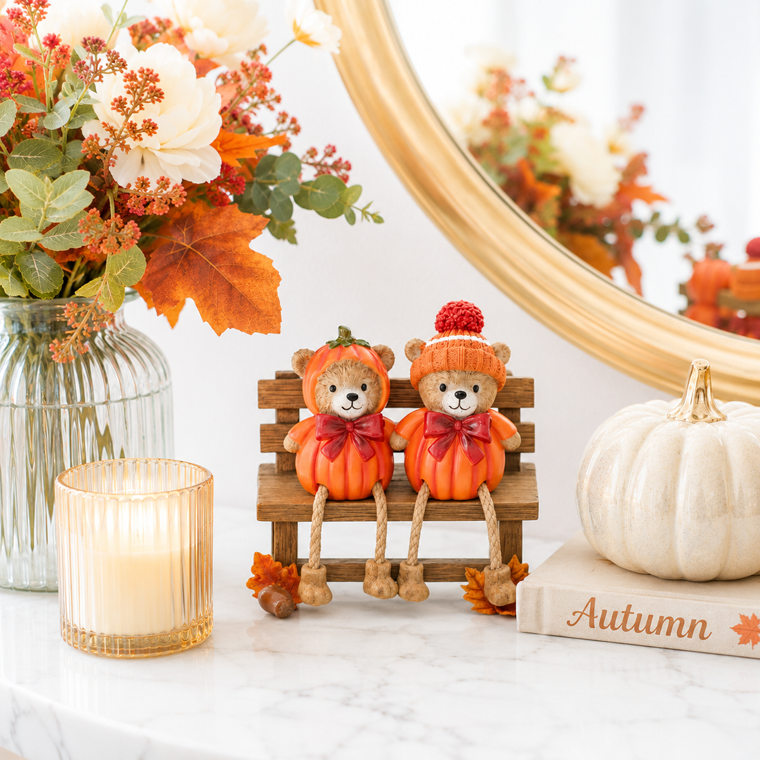 Mini Autumn Bears Sitting on Bench