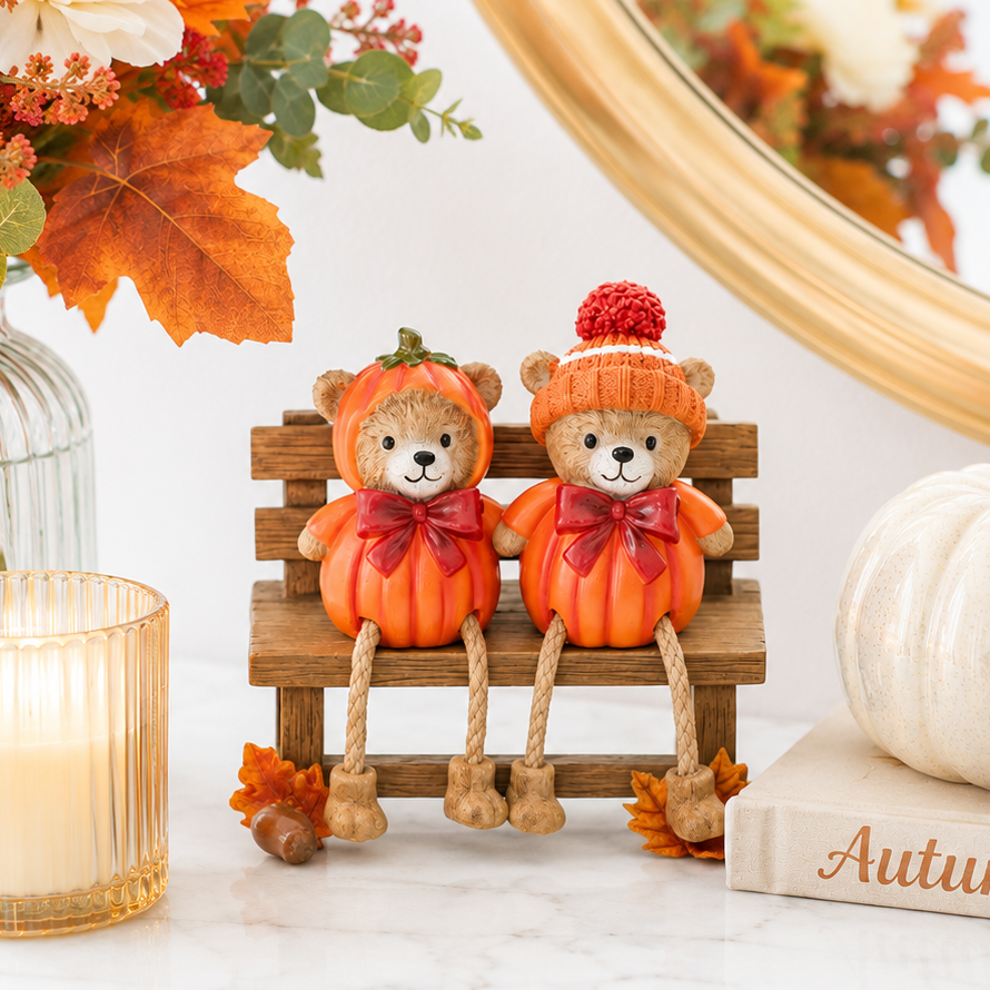Mini Autumn Bears Sitting on Bench