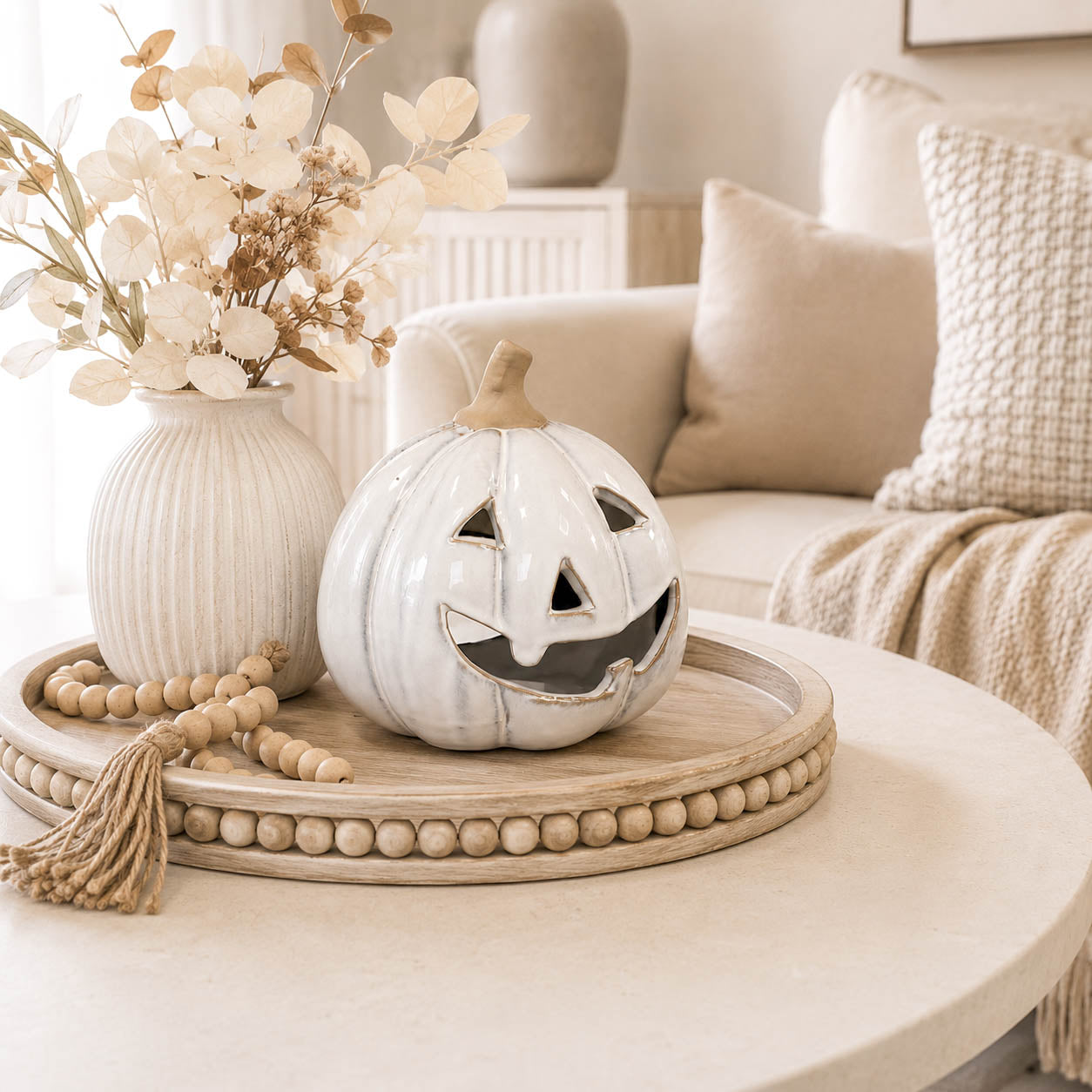 White Stone Glazed Ceramic Tealight Pumpkin