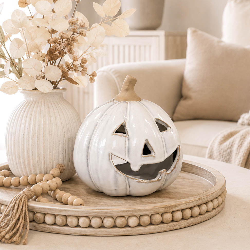 White Stone Glazed Ceramic Tealight Pumpkin
