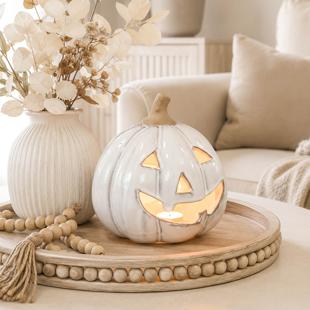 White Stone Glazed Ceramic Tealight Pumpkin