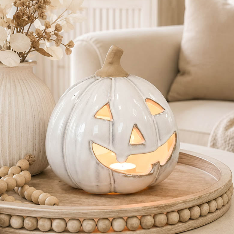 White Stone Glazed Ceramic Tealight Pumpkin