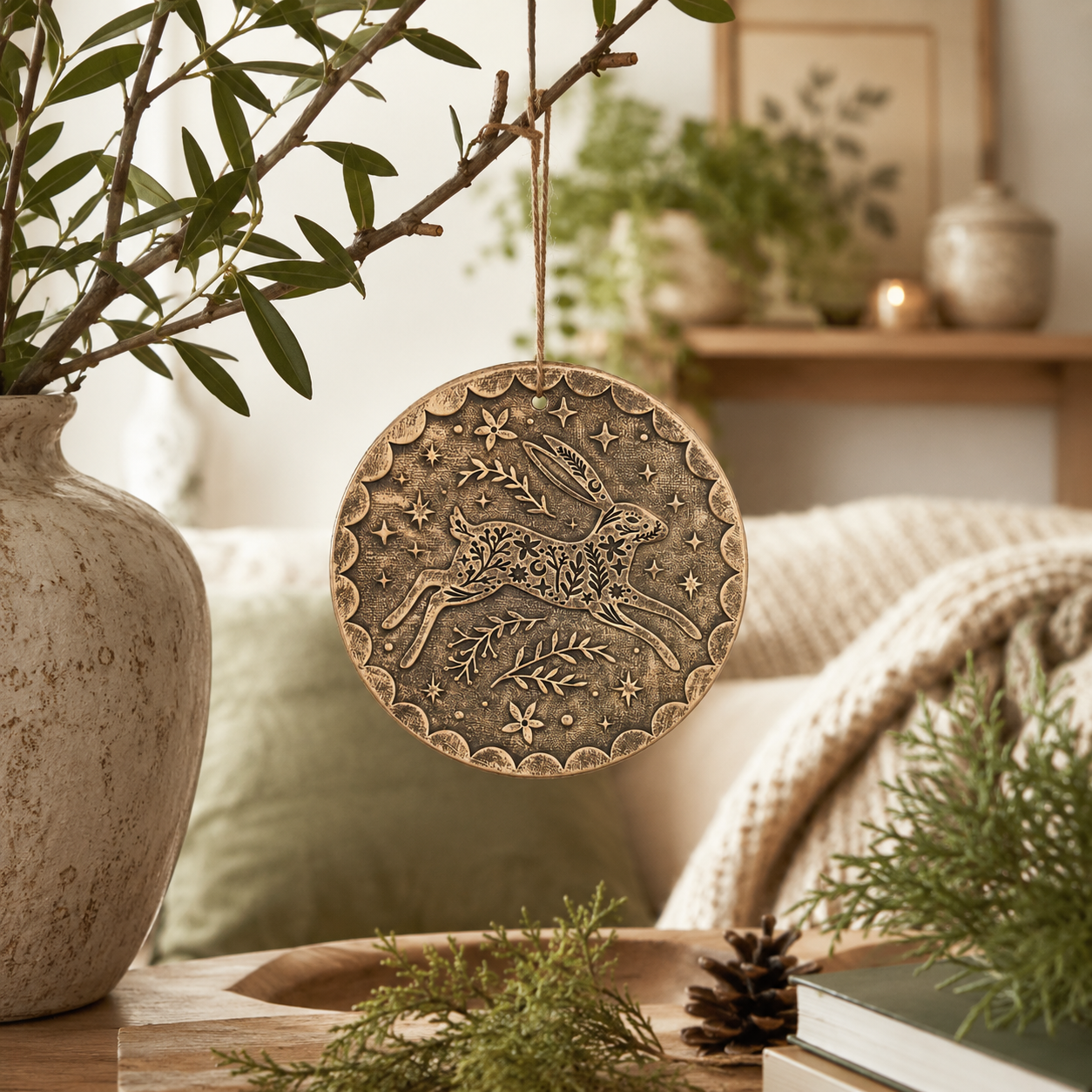 Leaping Hare Bronze Effect Terracotta Hanging Plaque