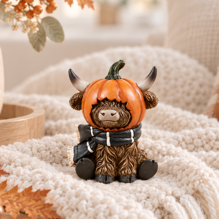 Small Highland Cow in Pumpkin Hat