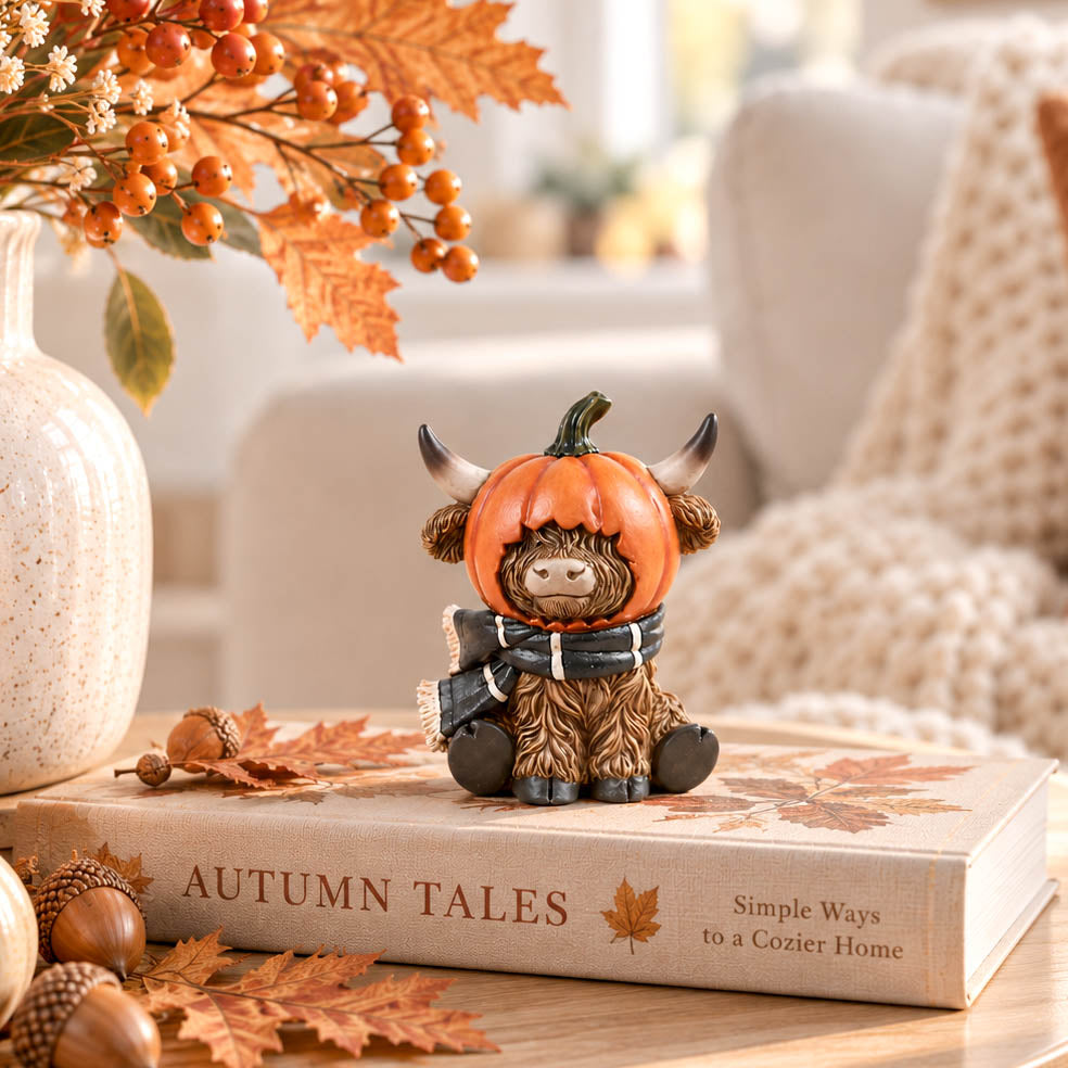 Small Highland Cow in Pumpkin Hat