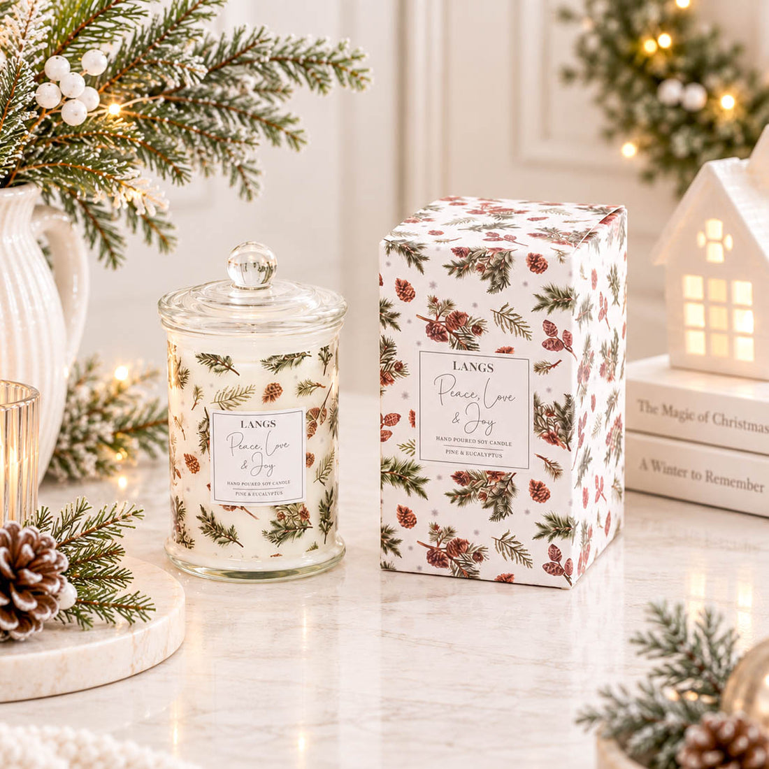 Peace Love &amp; Joy Pine &amp; Eucalyptus Scented Jar Candle