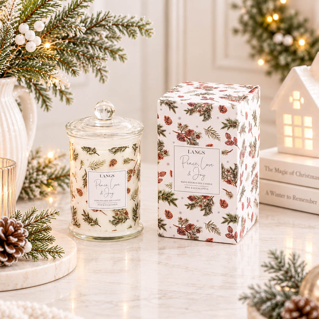 Peace Love &amp; Joy Pine &amp; Eucalyptus Scented Jar Candle