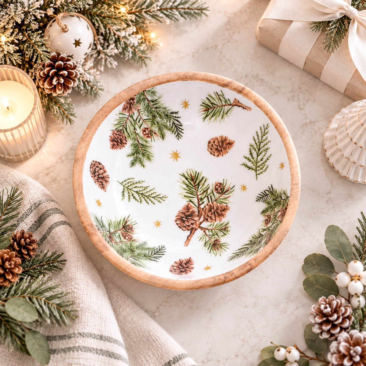 Fir &amp; Pinecone Mango Wood Bowl