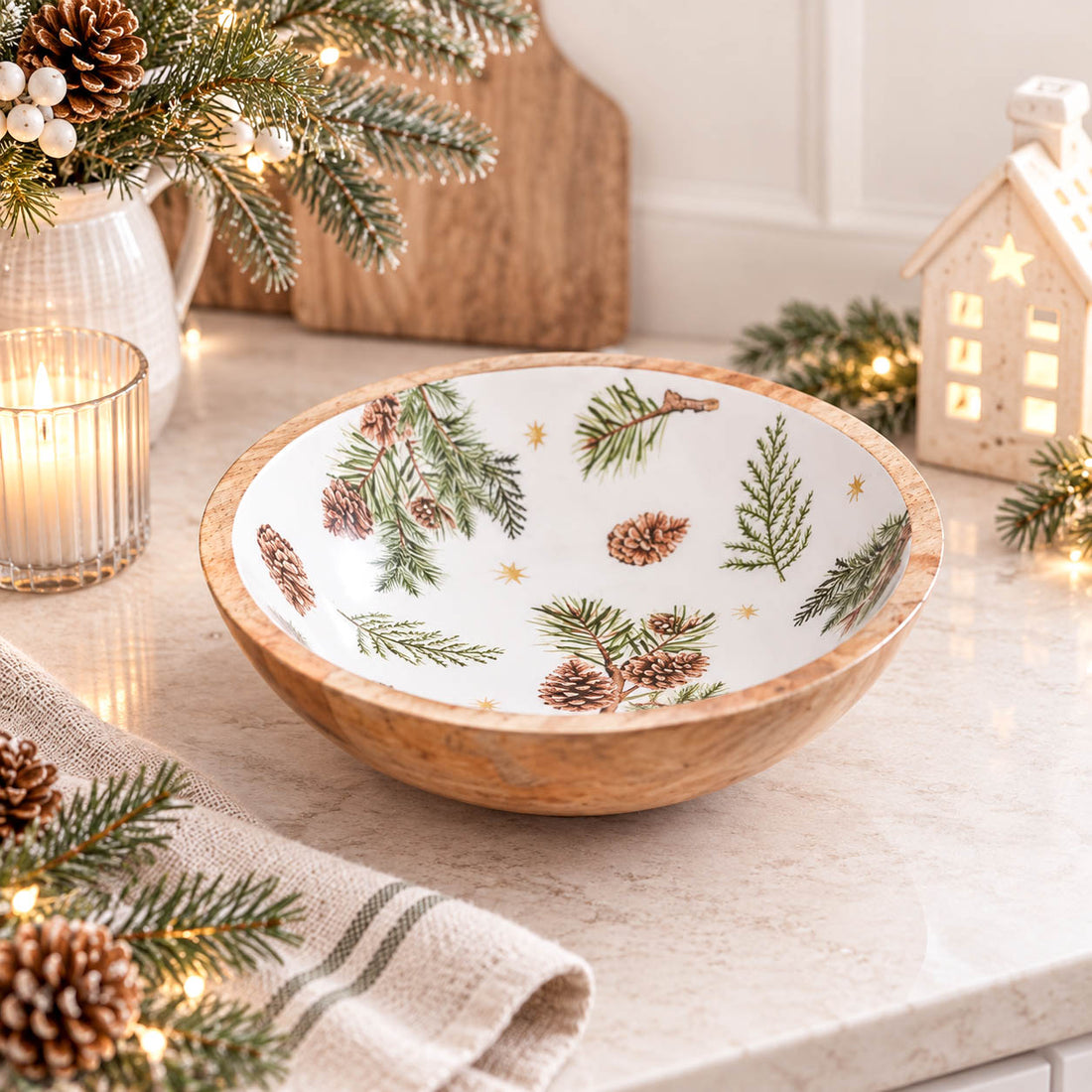 Fir &amp; Pinecone Mango Wood Bowl
