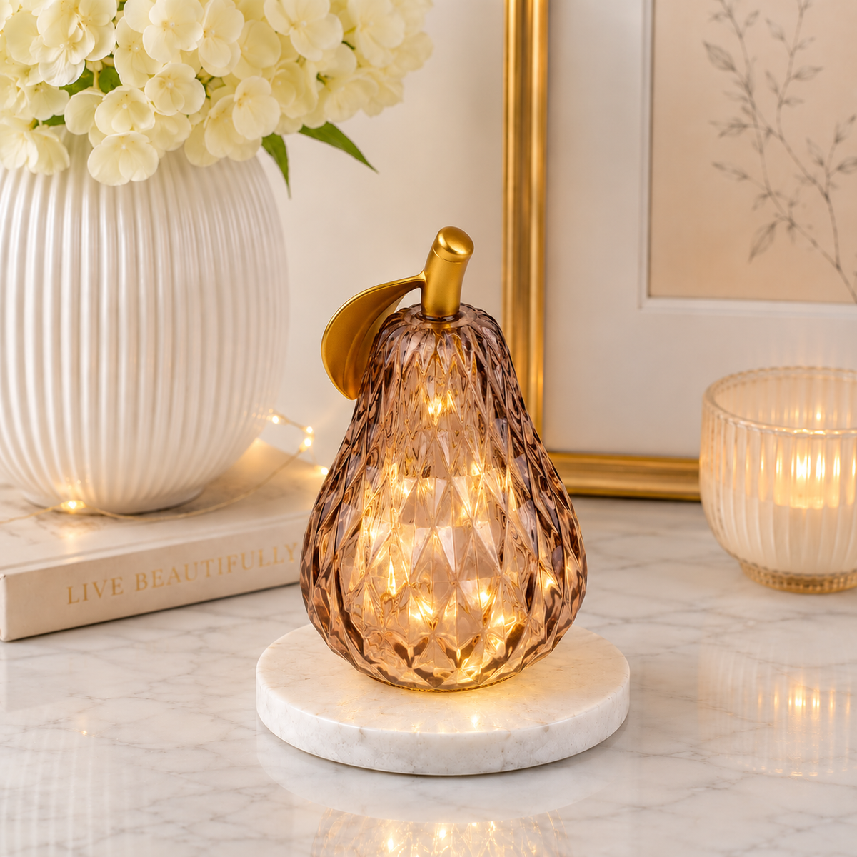 Small Chocolate Amber Textured Glass LED Pear
