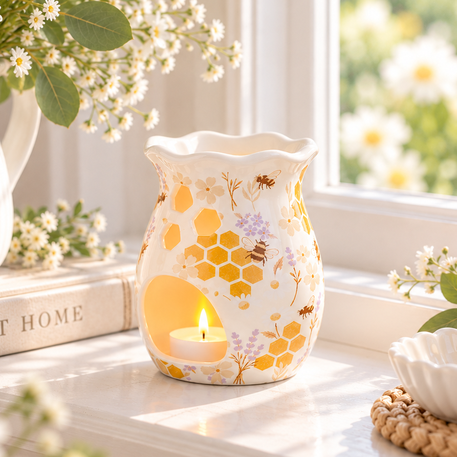 Honey Bee Print Fluted Oil Burner &amp; Wax Warmer