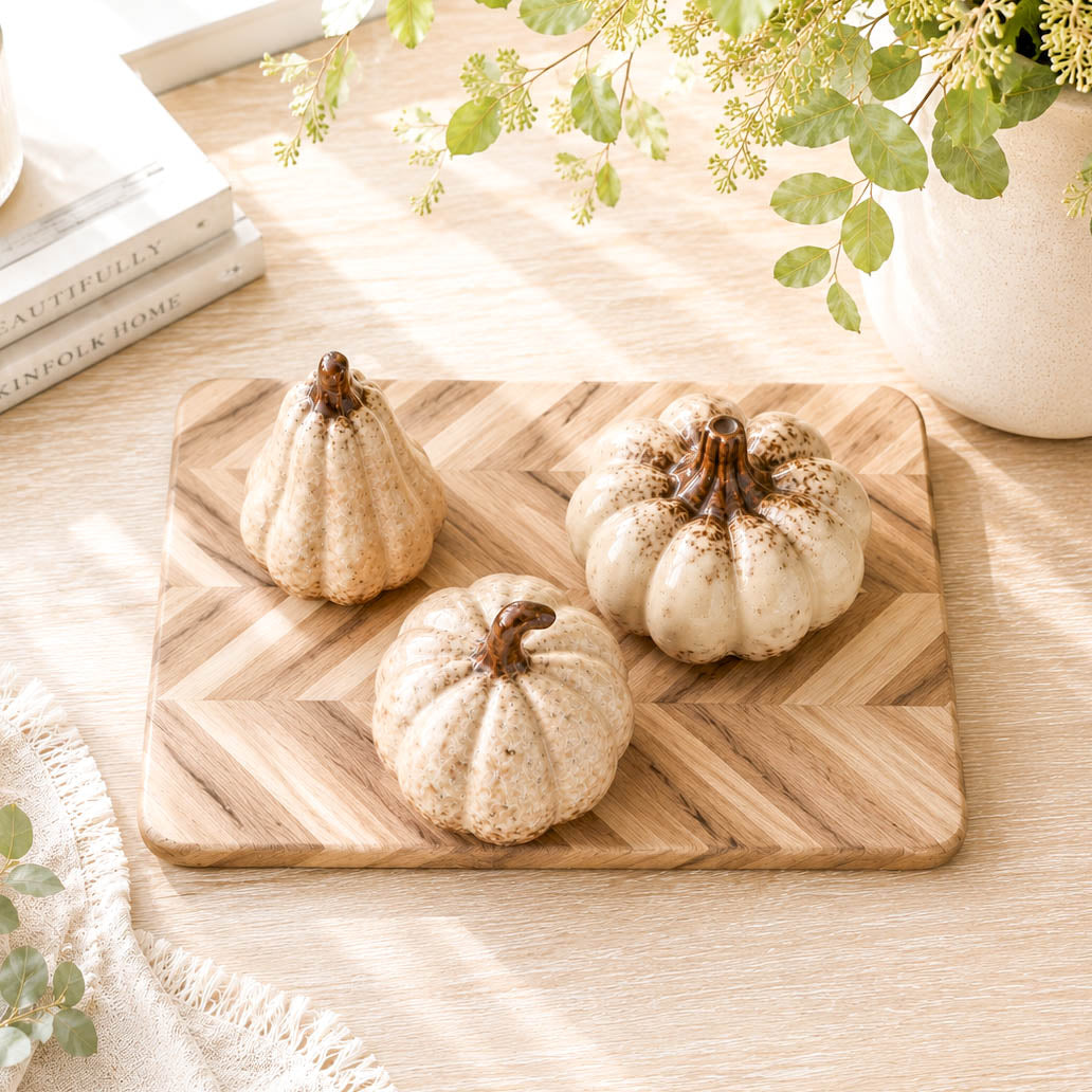Set of 3 Rustic Cream Ceramic Pumpkins