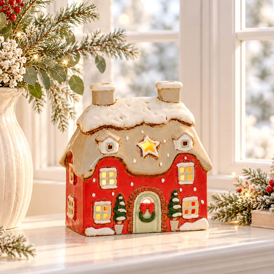 Red Stoneware Christmas Tealight Cottage