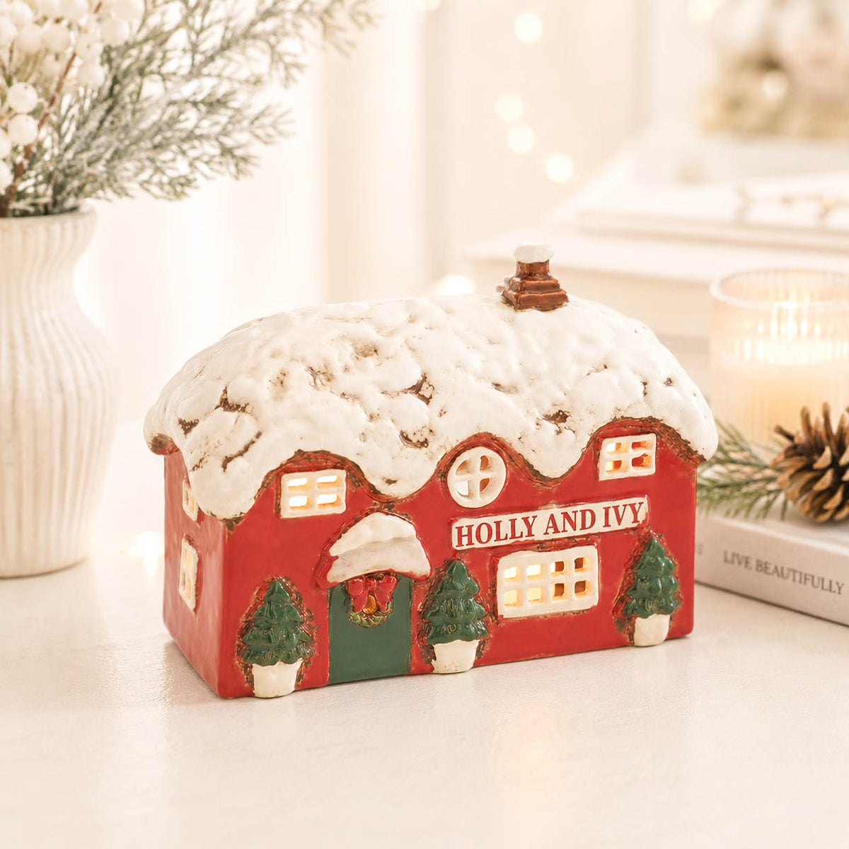 Village Pottery Holly &amp; Ivy Tealight Pub
