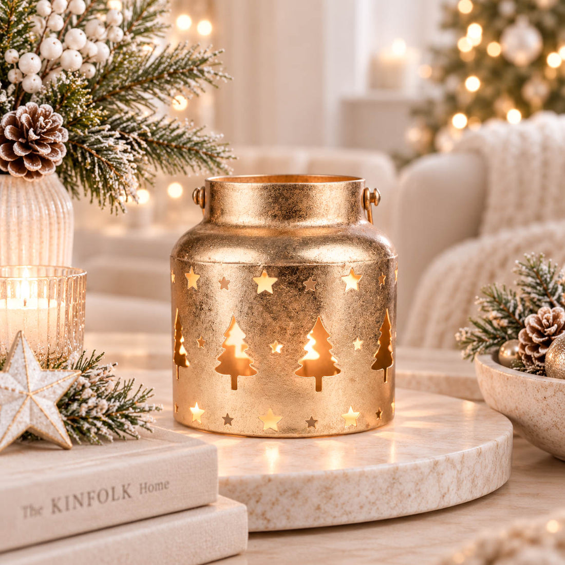 Christmas Trees Antique Gold Metal Lantern