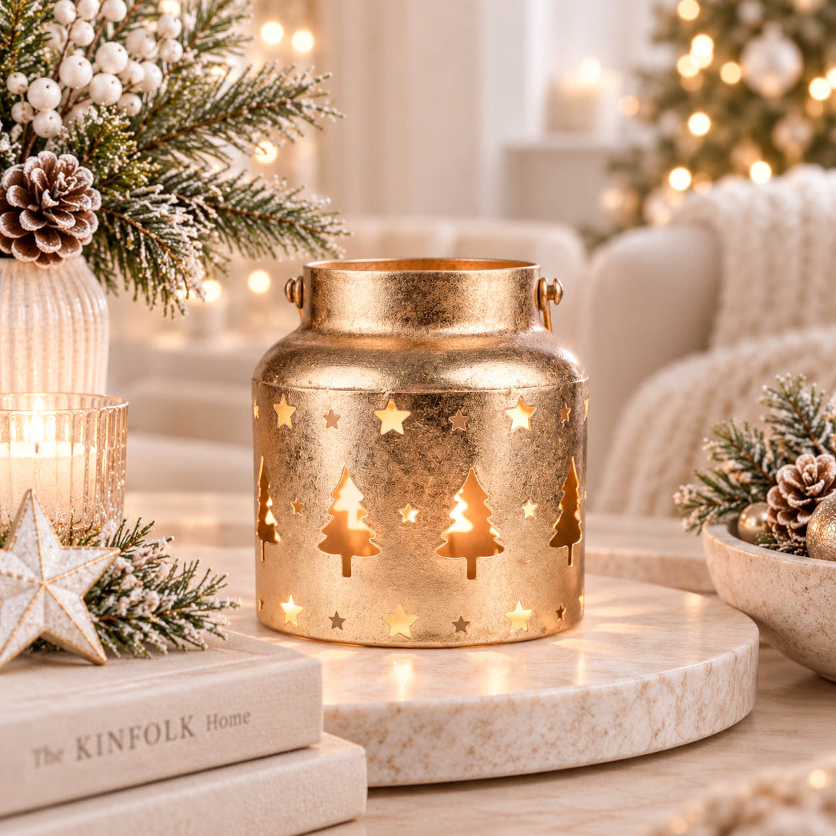 Christmas Trees Antique Gold Metal Lantern