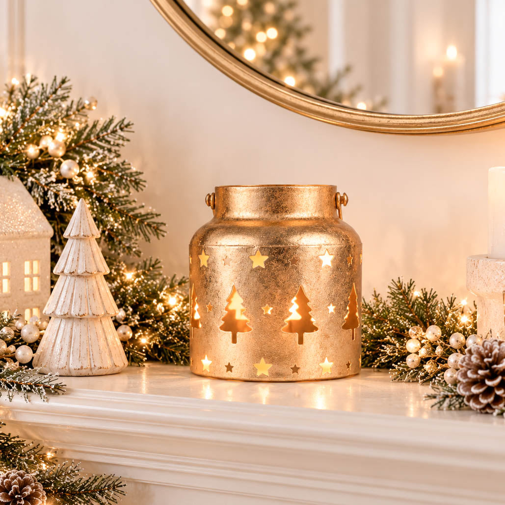 Christmas Trees Antique Gold Metal Lantern