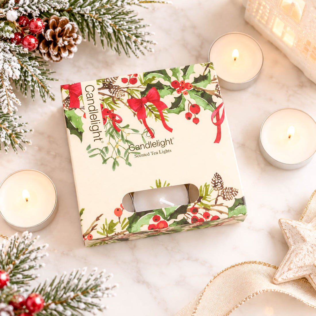 Festive Florals Ribbons &amp; Bows Scented Tealights 9 Pack