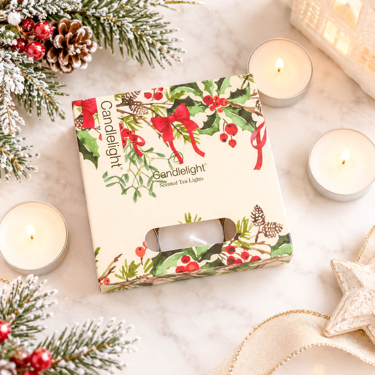 Festive Florals Ribbons &amp; Bows Scented Tealights 9 Pack