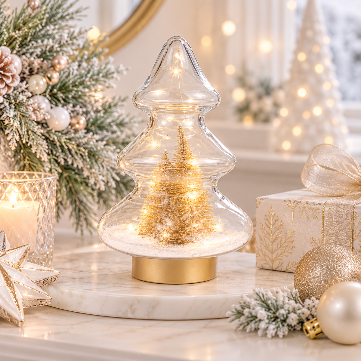 Clear LED Tree with Gold Christmas Trees