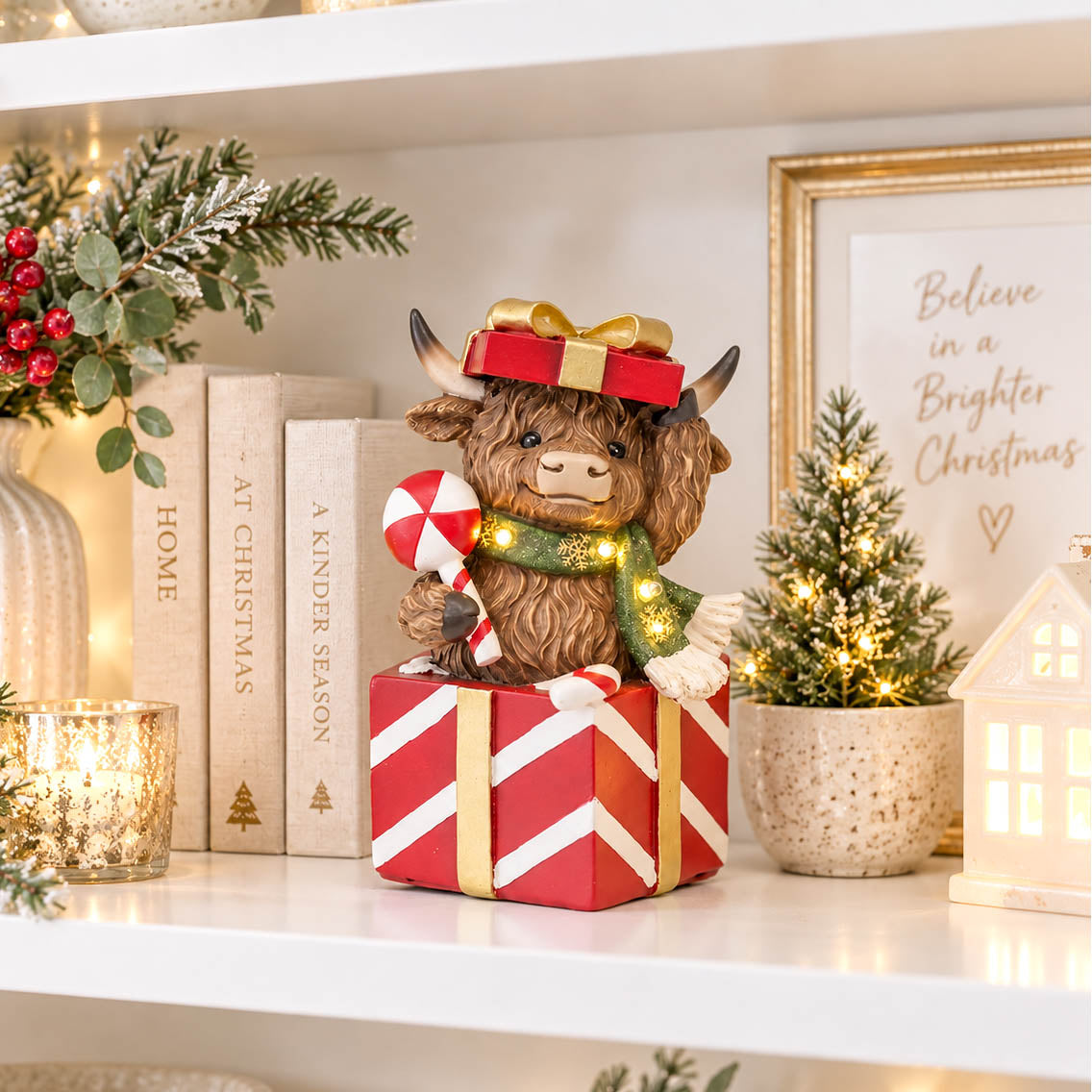 Christmas Present LED Highland Cow