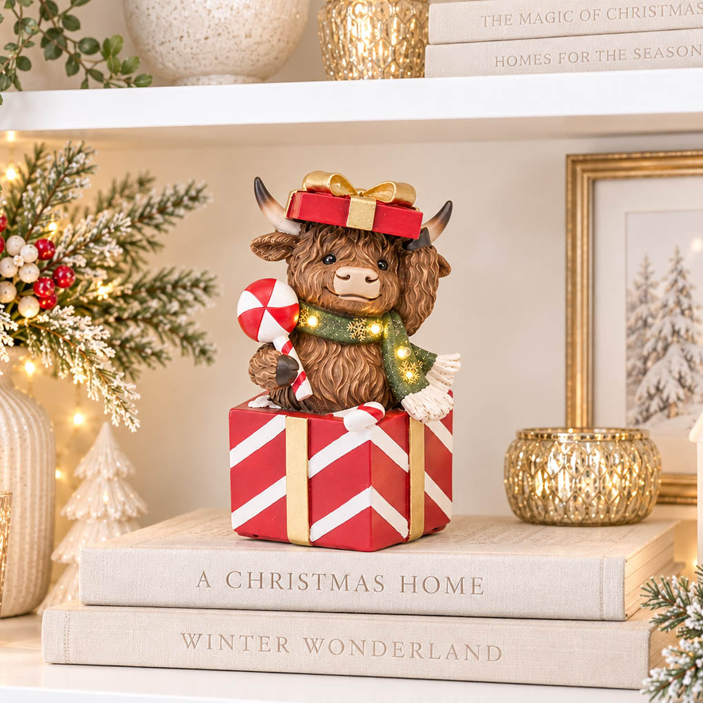 Christmas Present LED Highland Cow