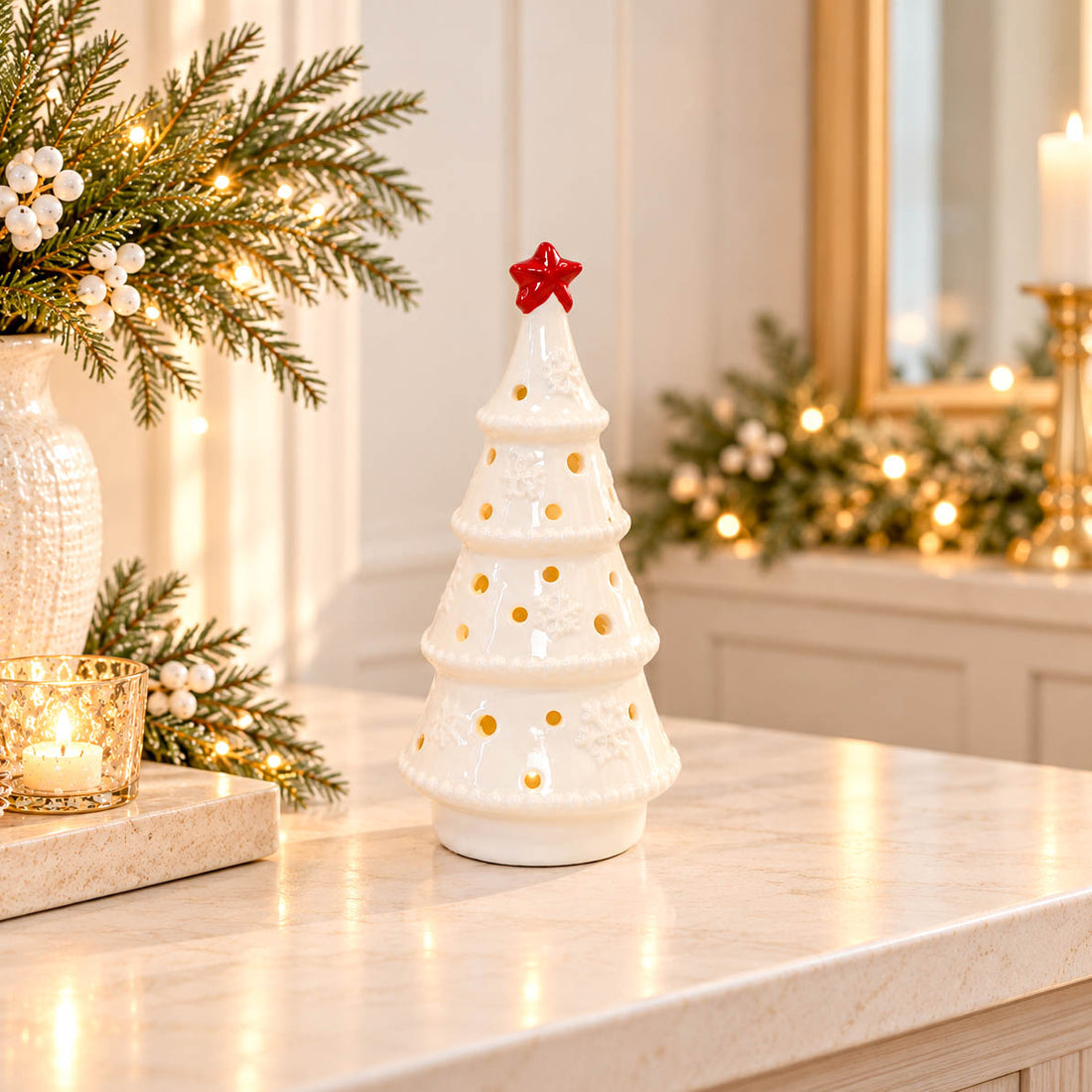 White LED Tree with Red Star Topper