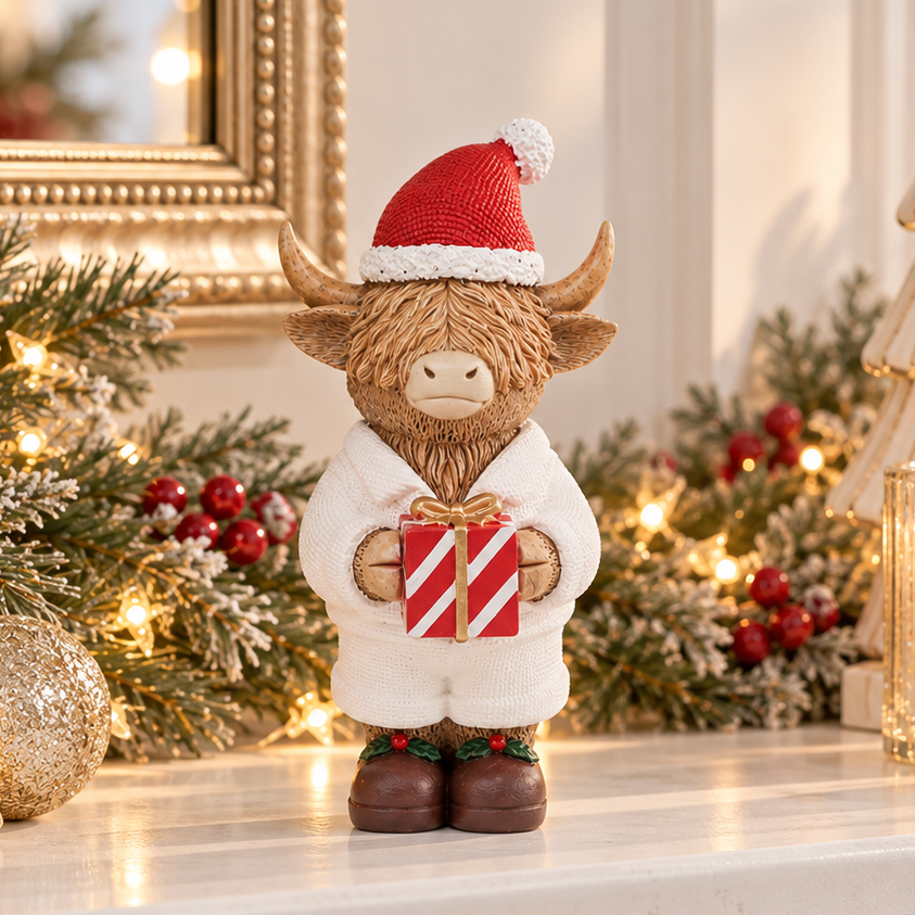 Christmas Pyjama Highland Cow with Santa Hat