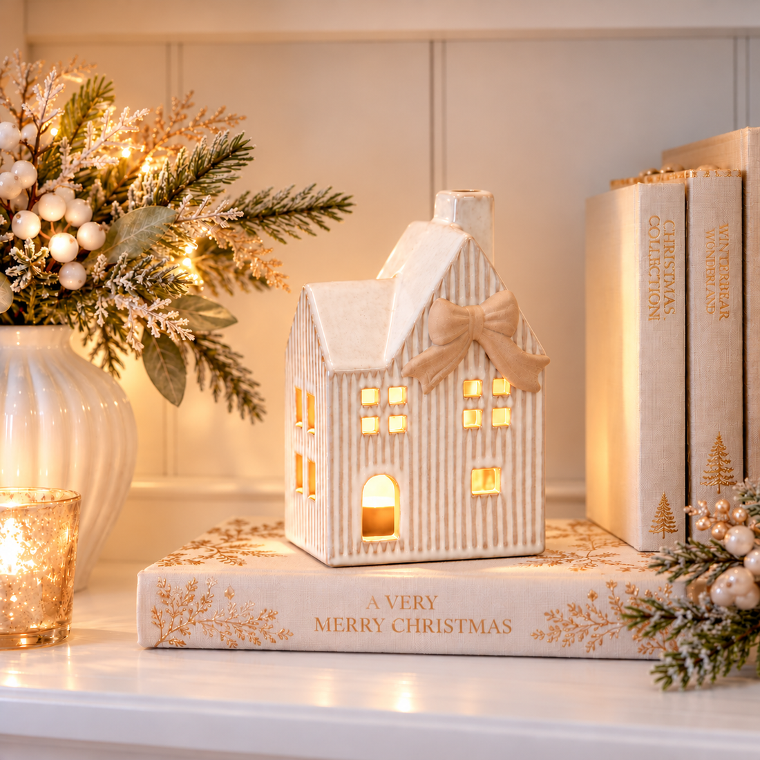 Natural Striped Christmas Tealight House with Bow