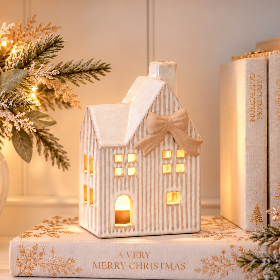 Natural Striped Christmas Tealight House with Bow