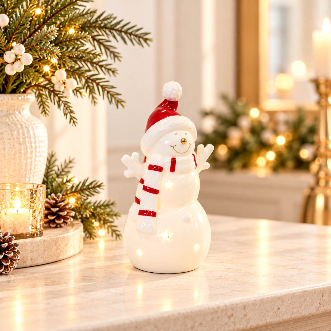 White LED Snowman with Red Santa Hat &amp; Scarf