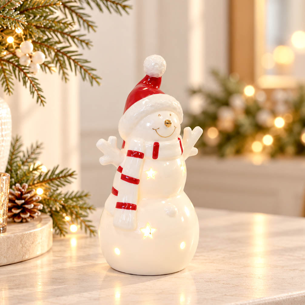 White LED Snowman with Red Santa Hat &amp; Scarf