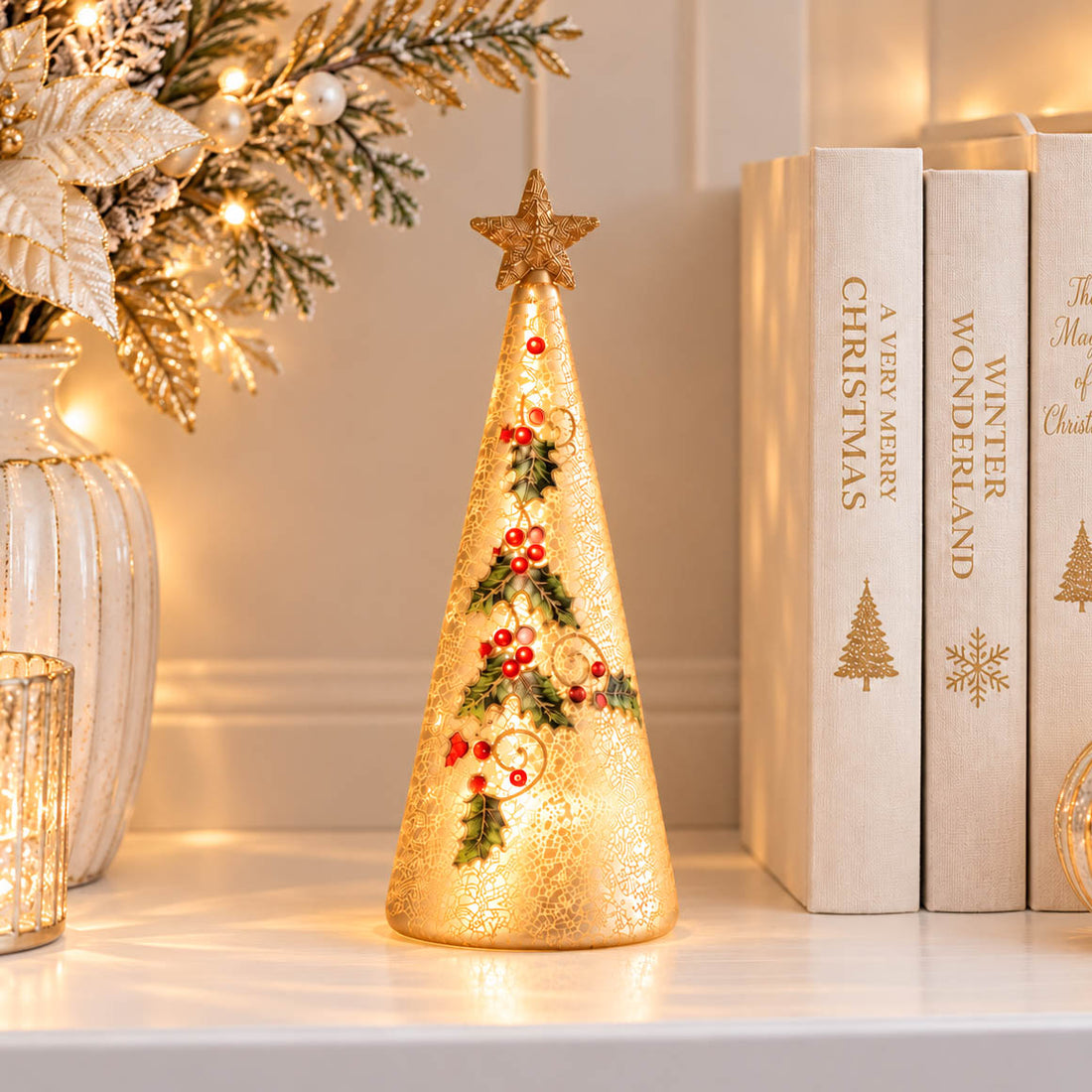 Gold Glass LED Holly Tree