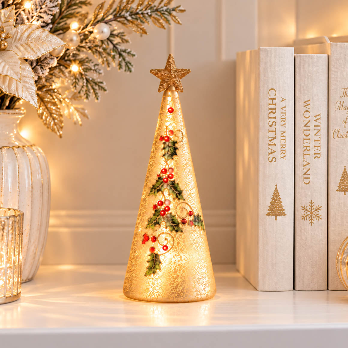 Gold Glass LED Holly Tree