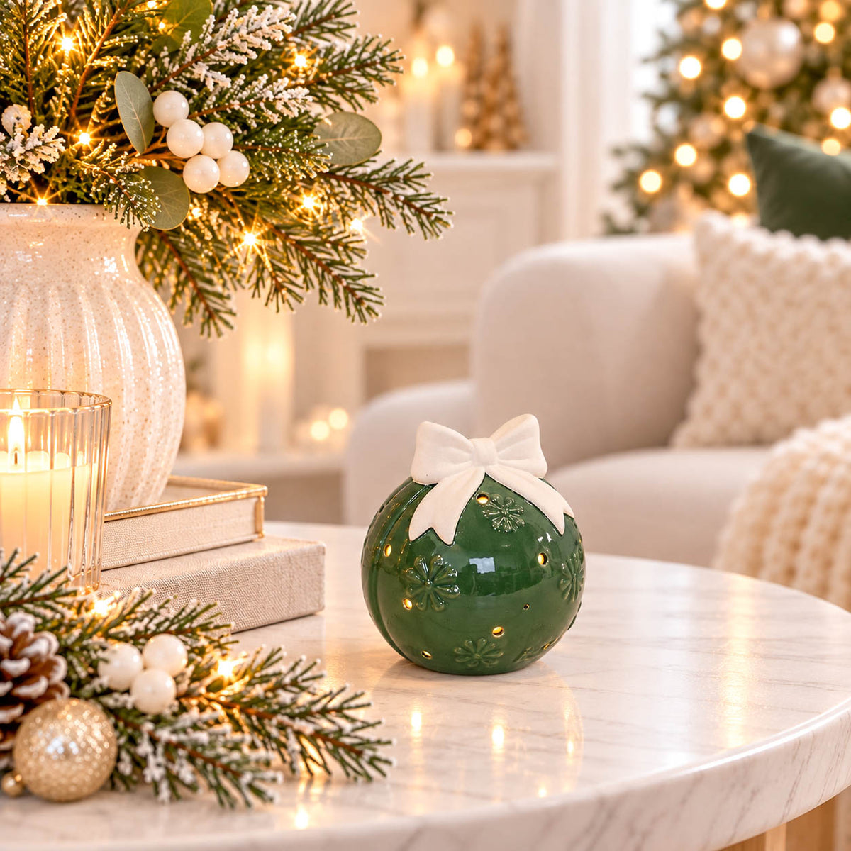 Forest Green Ceramic LED Bauble with Bow Small