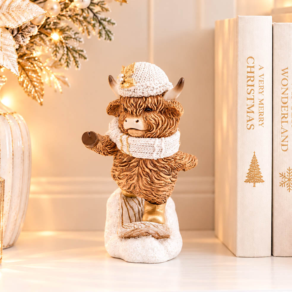 Snowboarding Christmas Highland Cow