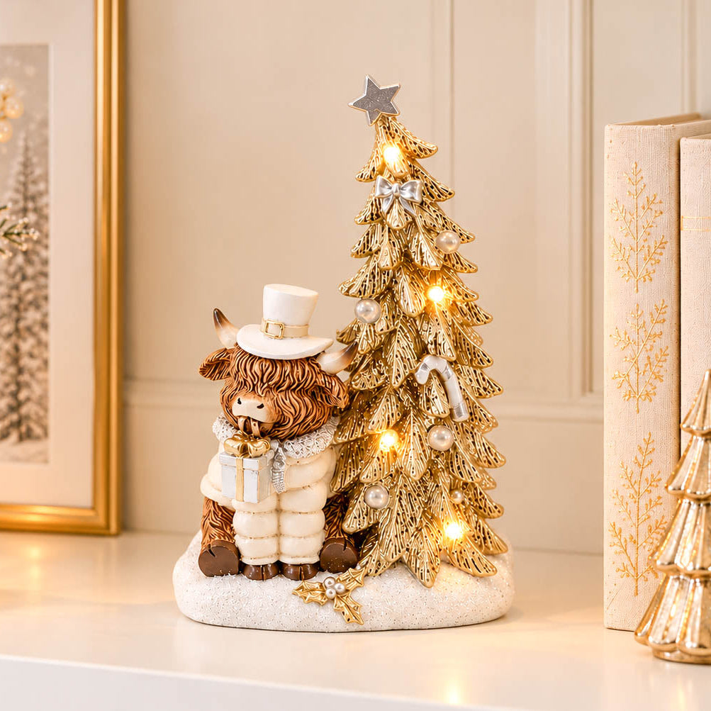 Highland Cow with Gold LED Christmas Tree