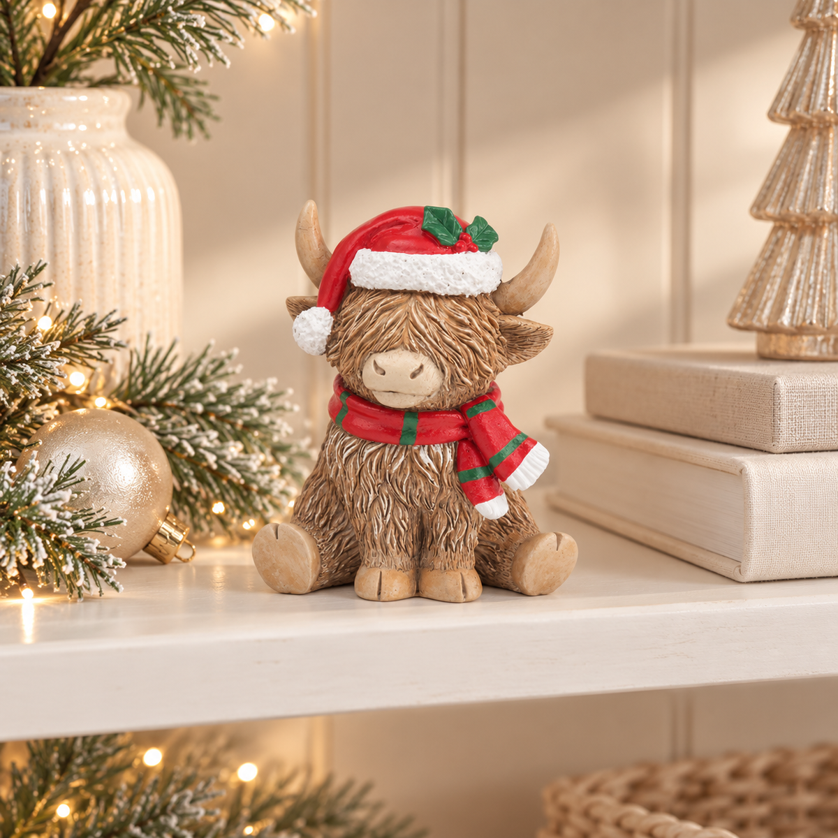 Christmas Highland Cow with Hat &amp; Scarf