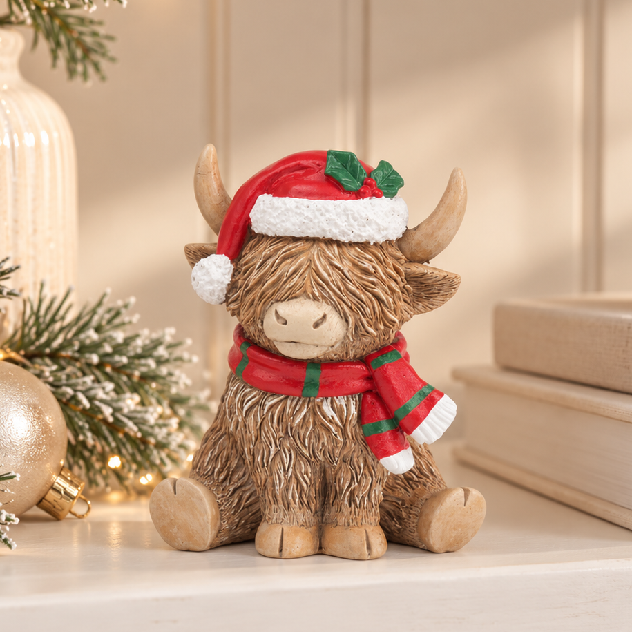 Christmas Highland Cow with Hat &amp; Scarf
