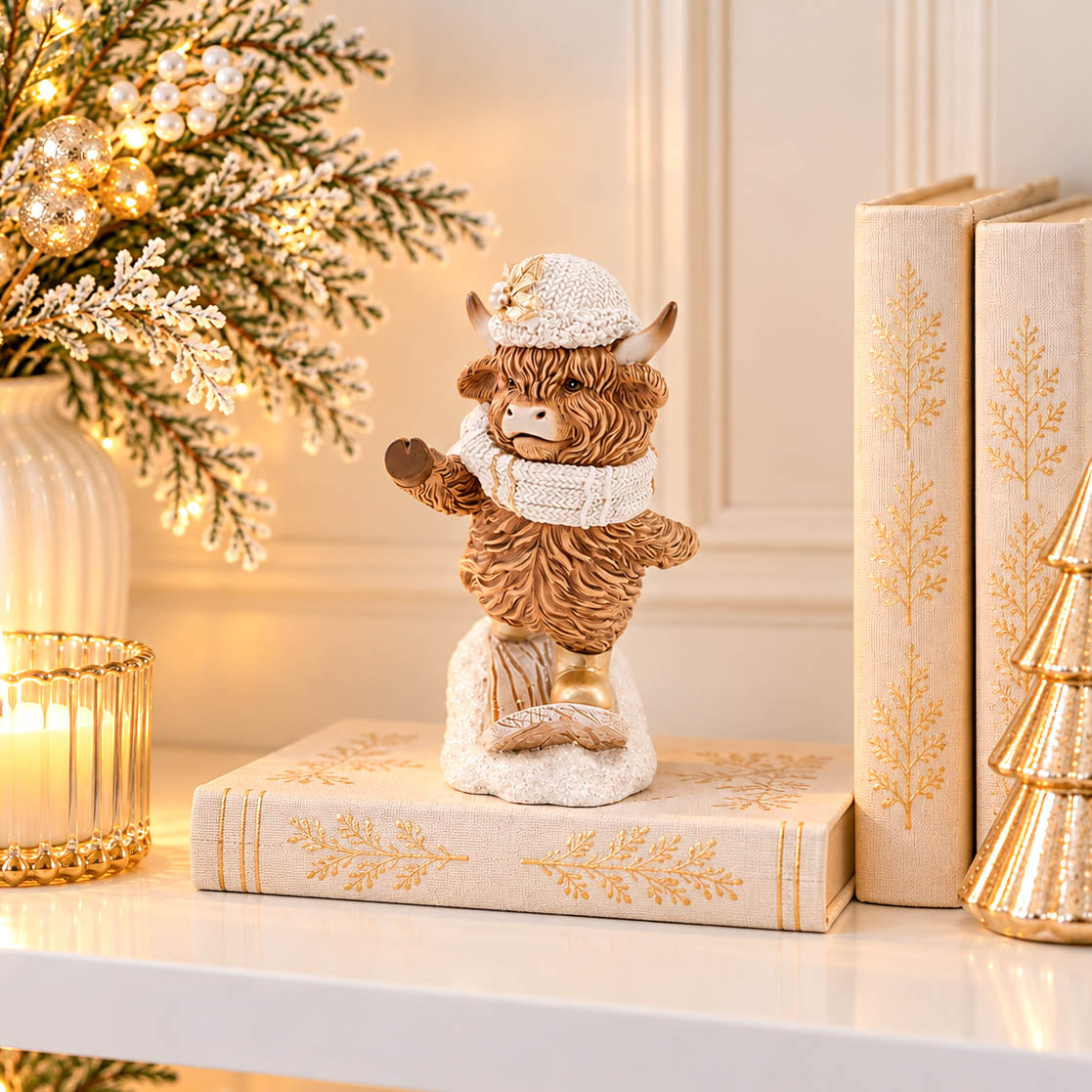 Snowboarding Christmas Highland Cow