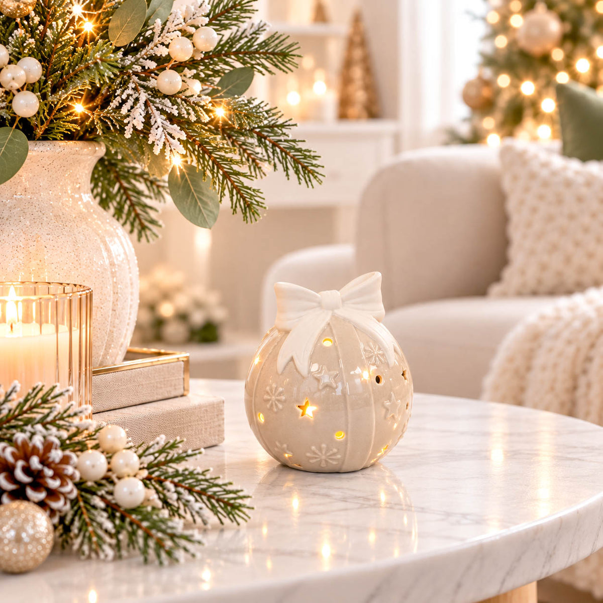 Beige Ceramic LED Bauble with Bow Medium