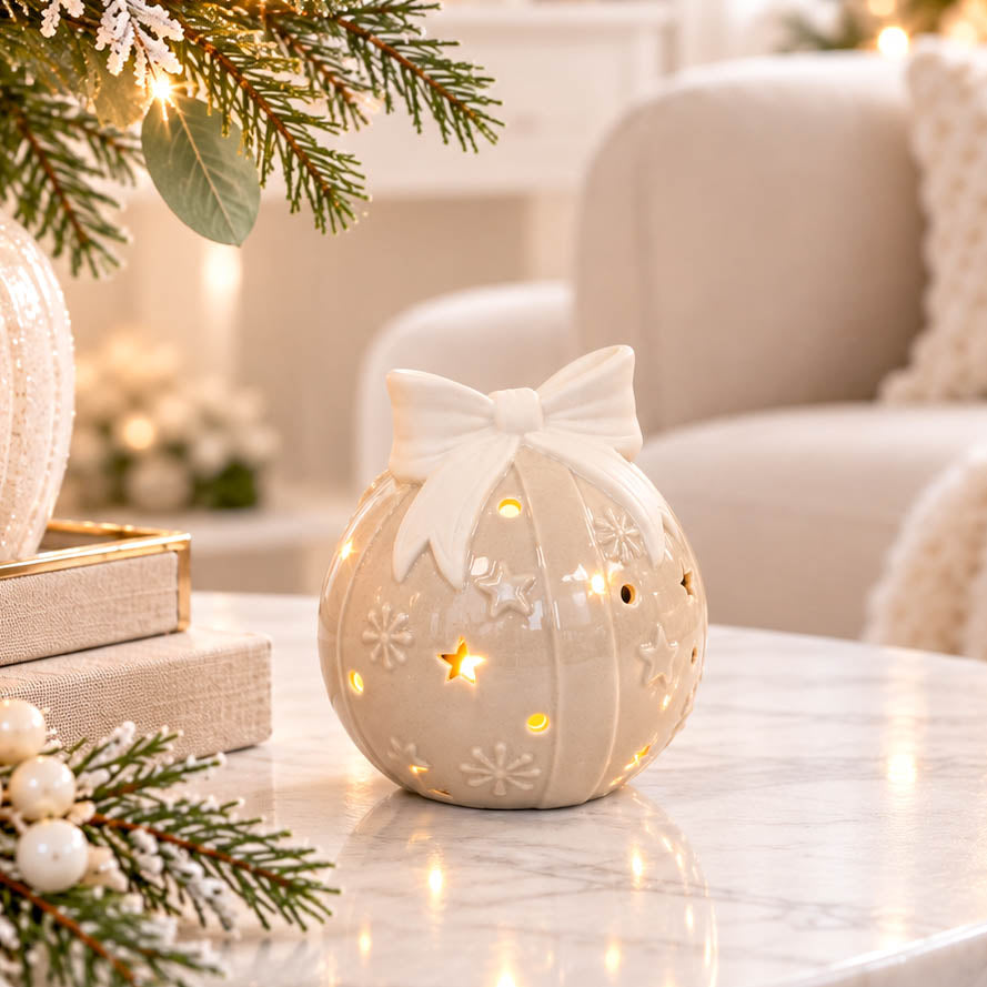 Beige Ceramic LED Bauble with Bow Medium