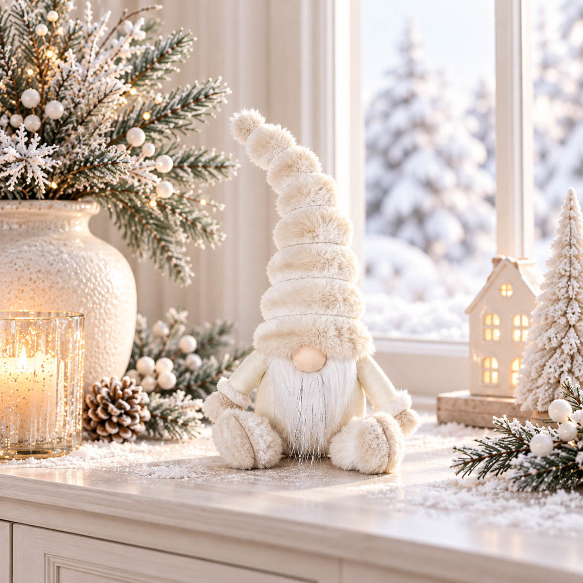 Winter White Sitting Gonk with Fluffy Hat