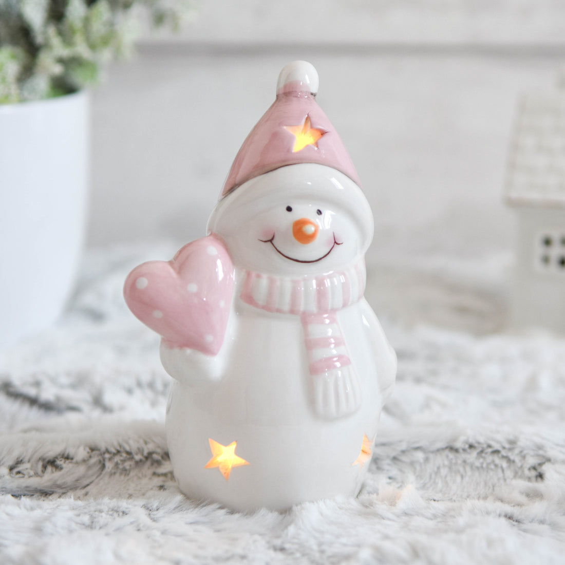 Pastel Pink Snowman with Heart LED Ornament