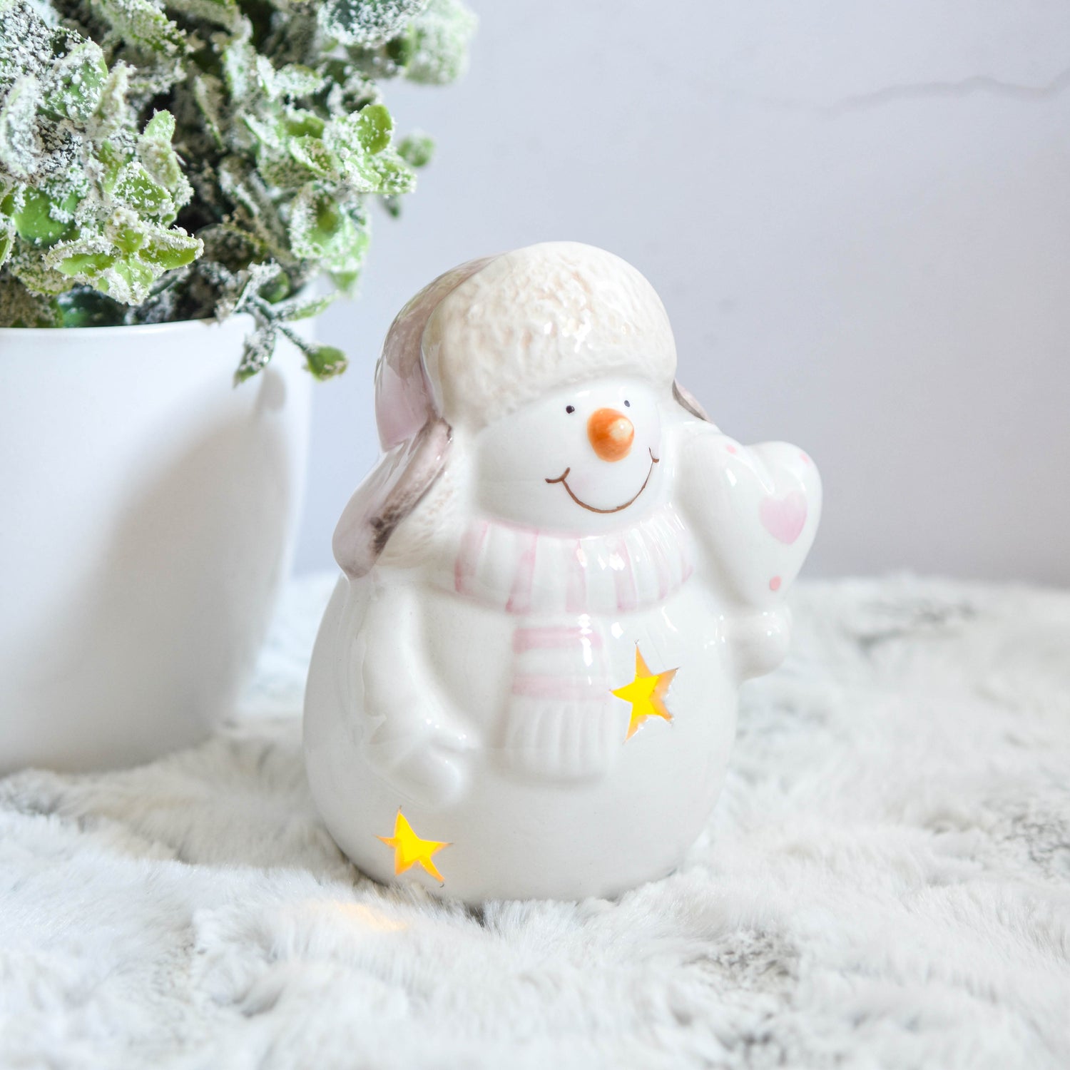 Pastel Pink Jolly Snowman LED Ornament