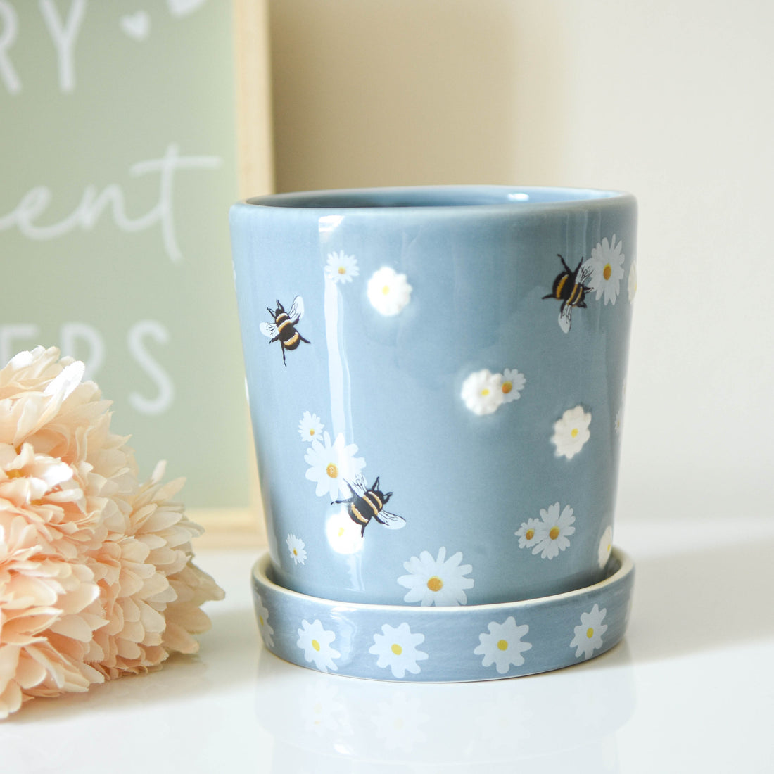 Blue Floral Bee Planter &amp; Tray